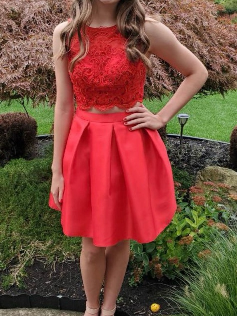 Alyce Paris Red Two-Piece Lace Crop Top & Pleated Skirt Dress